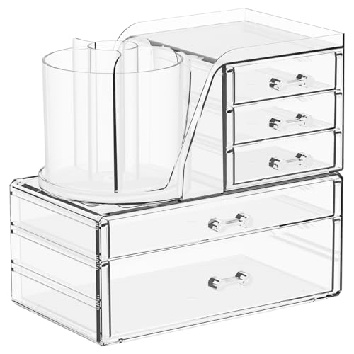 Clear Acrylic Makeup Organizers for Vanity,Countertop,3 Pack Make up Drawer Organizer With Makeup Brush Holder,Plastic Skincare Organizers for Hair Accessories,Beauty,Hair Products,Bathroom,Dresser