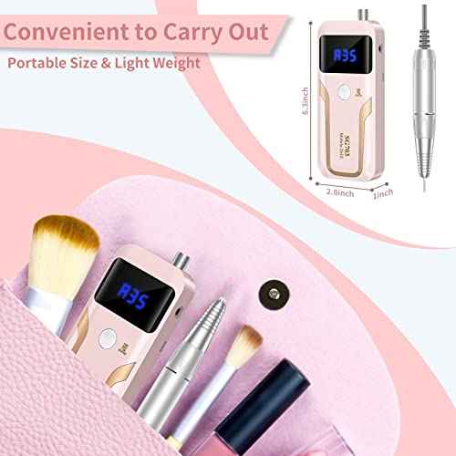 Portable Nail Drill Professional 35000 RPM, MOCOWIND Rechargeable Electric Nail File Machine E File for Acrylic Gel Polishing Removing, Cordless E-File with Bits Kit for Manicure Salon Home, Pink