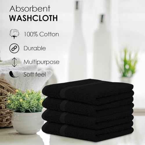 Avalon Towels Cotton Washcloths ? (Pack of 24) Size 12x12 Inches, 100% Ring Spun Cotton, Soft & Absorbent Face Towels, Gym Towels, Hotel and Spa Quality, Reusable Fingertip Towels (Black)