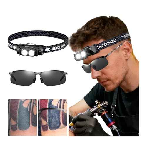 Tattoo Work Light Kit -Polarized LED Tattoo Light Head-Mounted with Tattoo Vision Glasses-Pack&Touch Up The Tattoo Colour Details for Tattoo Artists & Beginners (Anti-Reflective Glasses Set)