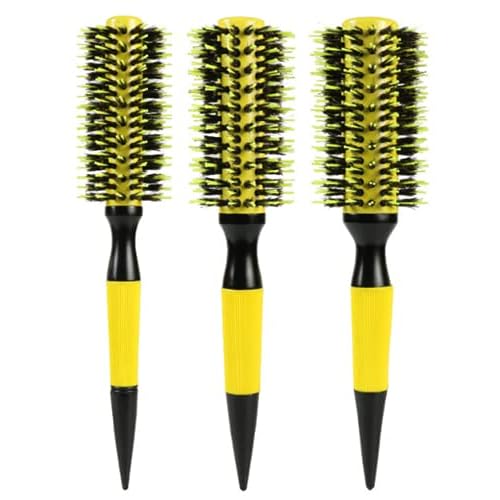 3 in 1 Ceramic & Ionic Bristle Round Barrel Hair Brush Set for Women & Men - Professional Styling, Blow Drying, Curling with Boar Bristle Brush & Scalp Comb (Yellow)