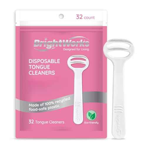 Brightworks Disposable Tongue Scraper for Adults ? 96 Count Hygienic Tongue Cleaner for Fresh Breath ? Recycled Plastic, Curved Design Tongue Cleaner ? Travel-Friendly
