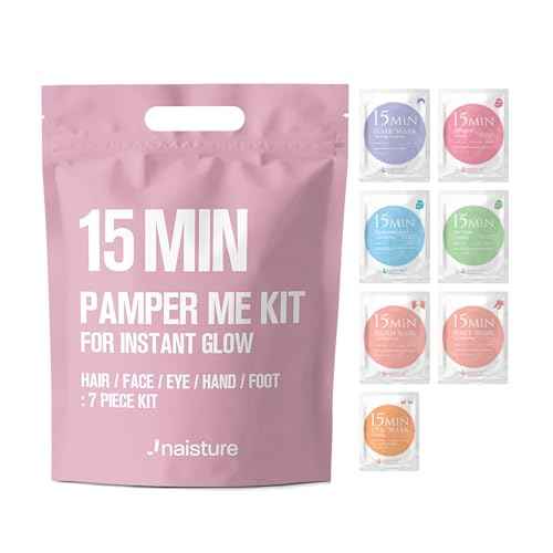 15 Min Pamper Me Kit by Naisture ? Korean Spa and Skincare Kit for Women with Hair Mask, Hand and Foot Masks, Eye Mask, and Face Masks