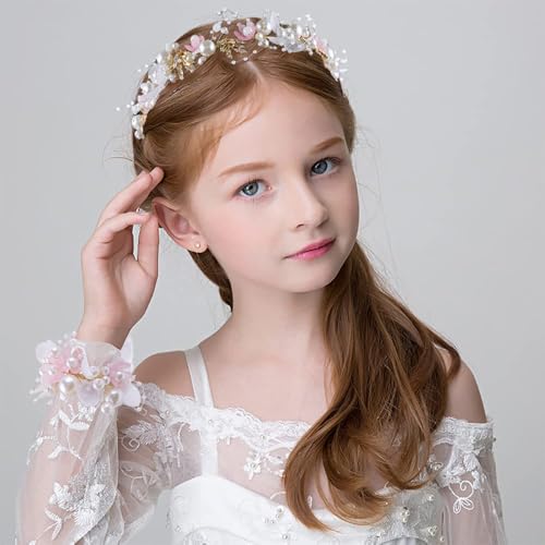 LAPOHI 2 Pieces Wedding Flower Headpieces for Girls, Flower Girl Hair Accessories for Wedding Rhinestones Flower Headband Fairy Pearl Flower Crown for Girls Bridal Crystal Flower Tiara for Women