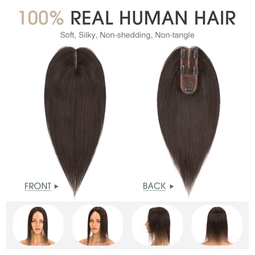 S-noilite Real Human Hair Toppers for Women - 100% Human Hair, 2.25"*6" Lace Silk Base, 10 inch Dark Chocolate Brown