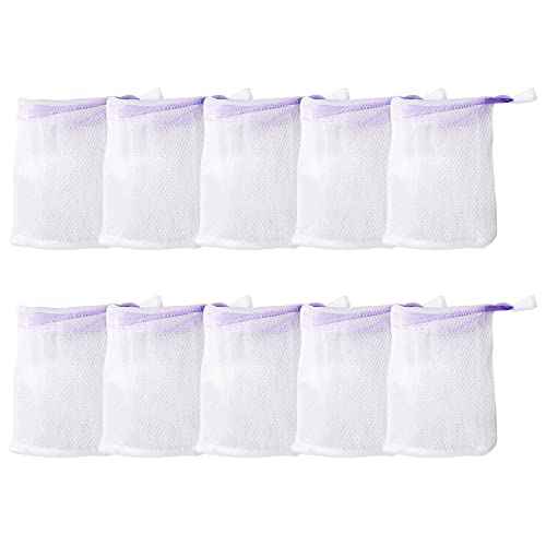 Leadigol 10PCS Face Cleansing Foaming Nets, Mesh Soap Pouch, Bubble Foam Double Layer Net Soap Sack Saver Pouch, White Pouch with Drawstring, Drawstring Holder Bags