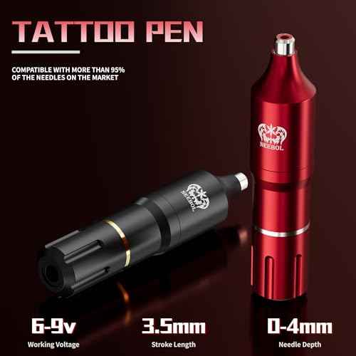 Neebol Wireless Tattoo Gun Kit, Rotary Tattoo Pen with 1500mAh Battery, Screen Display, 20 Cartridge Needles, 10 Inks, Complete Tattoo Gun Kit for Beginners and Professionals, Cordless Machine, Red