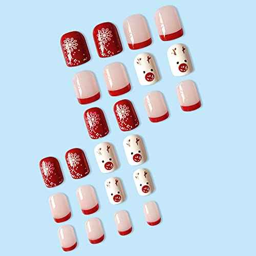 Christmas Press on Nails Short French Tip Fake Nails Square Red Acrylic Nails Snowflake Full Cover False Nails with Design Cute Elk Winter Xmas Glue on Nails Nail Art Decorations for Women Girls