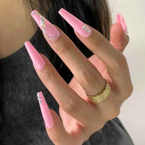 Artquee 24Pcs Pink Coffin Press on Nails Long Fake Nails with Rhinestones Design Reusable False Nail Art Manicure Stick on Nails Kit for Women