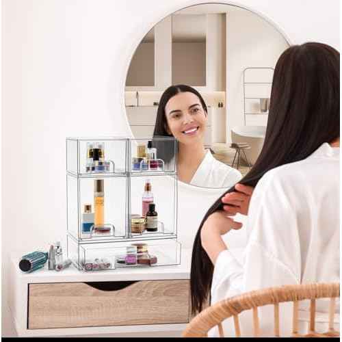 Sorbus Acrylic Storage Containers - 5 Pack, Stackable Storage Bins Set for Bathroom Organization - Clear Acrylic Drawer Organizers - Makeup Case Pull-Out Drawers (7.6¡¯¡¯ and 4.4¡¯¡¯ Tall and 12.1¡¯¡¯ Wide)