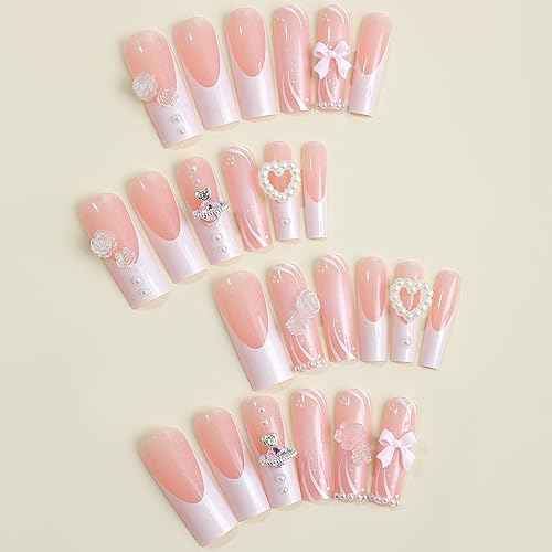 24 Pcs Long Square Press on Nails French Tip Fake Nails Full Cover 3D Rhinestone Acrylic False Nail Tips with Gems Sweet Pink Stick on Nails Long Artificial Nails for Women Manicure Decorations