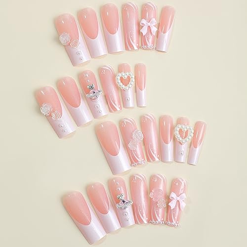 24 Pcs Long Square Press on Nails French Tip Fake Nails Full Cover 3D Rhinestone Acrylic False Nail Tips with Gems Sweet Pink Stick on Nails Long Artificial Nails for Women Manicure Decorations