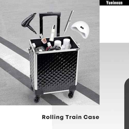 Rolling Makeup Train Case, 4-in-1 Cosmetology Case on Wheels, Nail Tech Cart for Travel, Professional Cosmetic Vanity Case, Suitcase for MUA/Manicure/Tattoo/Style, Lockable Storage Box, Black