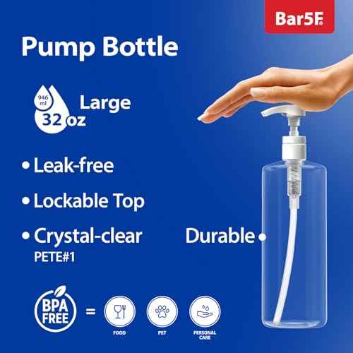 Bar5F Pump Bottle 32-Ounce 1-Liter Empty for Shampoo Conditioner Body Wash Lotion BPA-Free Crystal-Clear (Pack of 1)