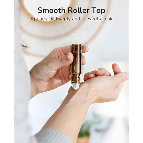 ULG 48-Pack Essential Oil Roller Bottles 10ml, Empty Bottles with Stainless Steel Roller Balls and Waterproof Labels, Amber Roller Balls For Essential Oils