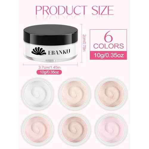 EBANKU Nude Pink Acrylic Powder Set, 6 Colors Jelly Pink, White, Nude - 6 * 10g/0.35oz for Nail Extension, Carving, French Nail