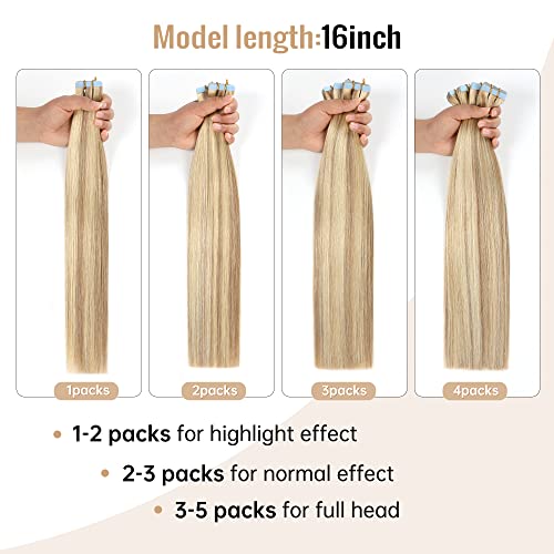 JESSBO Tape in Hair Extensions Human Hair Ash Blonde Highlighted Bleach Blonde 24 inch 20pcs 50g/pack Straight Seamless Skin Weft 100% Real Human Hair (24 Inch #P18/613)