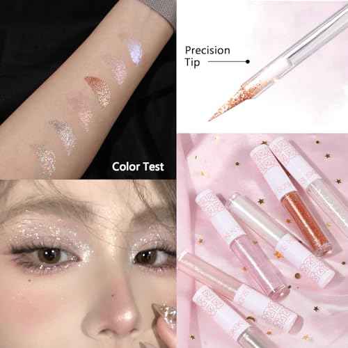 6Pcs Liquid Glitter Eyeshadow Eyeliner, Korean Makeup, Bling Under Eye Shadow, Shimmer Eye Make Up Valentine's Gift Set,Long Lasting,Quick Drying & Pigmented Loose Glitter Glue for Crystals Makeup