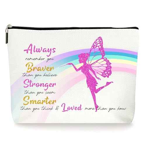 Always Remember You Are Braver Than You Think Cosmetic Makeup Bags, Inspirational Encouragement Motivational Gifts for Women, Fairy Rainbow Golden Zipper Pouch Bag for Women. (061)