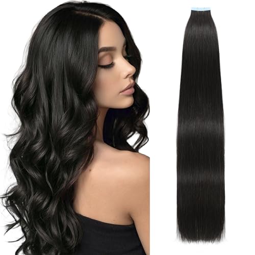 Tape in Hair Extensions Human Hair, 24 Inch Natural Black 20pcs Hair Extensions Real Human Hair Tape in Extensions Invisible Tape in Hair Extensions for Women (1B, 24 Inch)