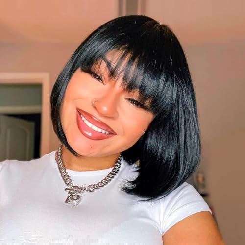 Straight Short Bob Natural Black HD Lace Front Wigs with Baby Hair 13X4 Glueless Human Hair Bangs Pre Plucked with Bleached Knots 180 Density for Black Woman 8 Inch