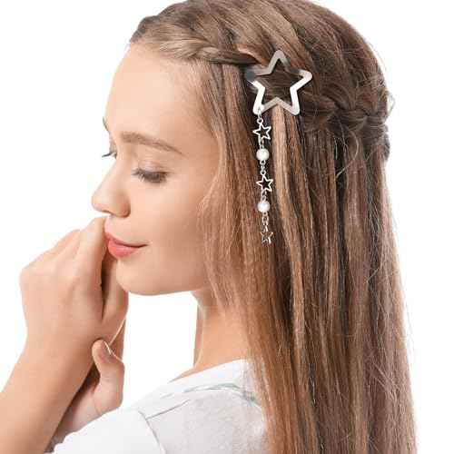 2pcs Star Pearl Snap Hair Clips, y2k Silver Hair Barrettes Cute Tassel Metal Hair Pins Wedding Prom Hair Styling Accessories for Women Girls Gift