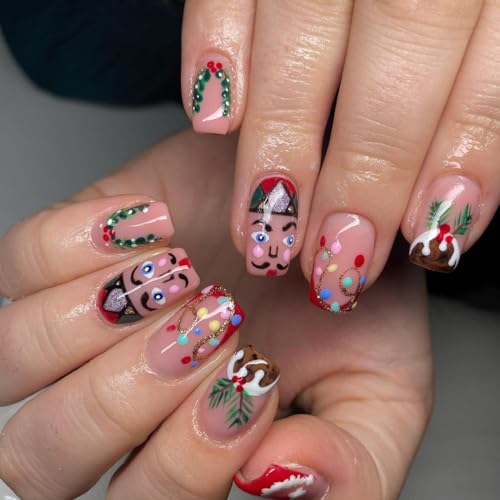 24Pcs Christmas Press on Nails Square Medium Length Fake Nails Cute Cartoon Elk Xmas Lights Stick on Nails Full Cover Acrylic False Nails with Design Winter Glue on Nails for Women DIY Christmas Nails