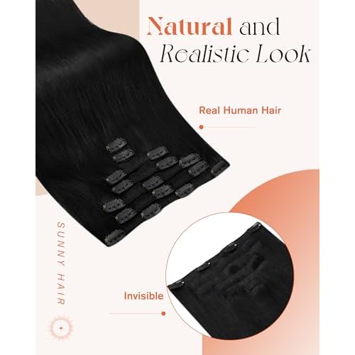 Sunny Hair Clip in Hair Extensions Straight Human Hair Clip in Extensions Remy Clip in Hair Extensions Real Human Hair Extensions Clip ins Jet Black for Women 22inch