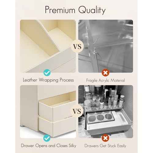 Vlando Makeup Organizer for Vanity,Large Capacity Countertop Organizer with Drawers, PU Leather Cosmetic Display Case for Lipstick,Brushes,Skincare,Bedroom Storage (Beige)