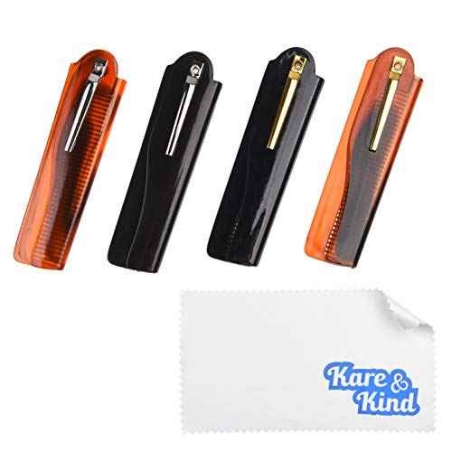 Kare & Kind Folding Pocket Comb for Men - 4 Pc Fine Tooth Comb (2 Brown and 2 Black Set) - For Styling Hair, Mustache, Beard - Men's Grooming - Ideal Gift