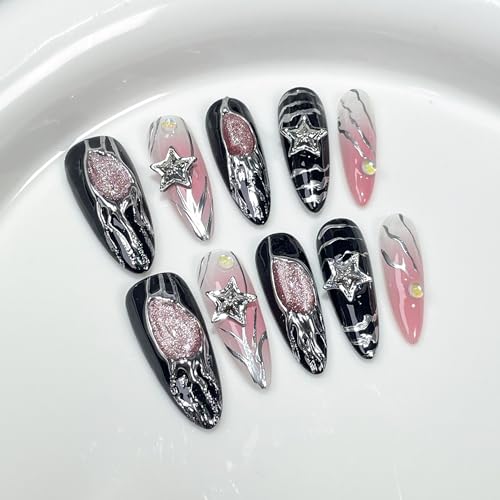 Wsliana Handmade Press On Nails - Y2K Cool Girl Design, Suitable for Women and Girls, Long Almond Shape, 10pcs Glue On Acrylic Fake Nails with Storage Box | Salon Quality | Trendy Nail Kit (072, XS)