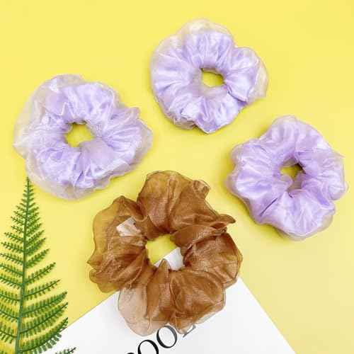 Light Up Scrunchies, Easter Gifts Scrunchy Hair Ties Glow in the Dark Party Supplies Glow Sticks Party Favor Festival Rave Accessories for Neon Party, Fun Hair Scrunchies (4Pcs-Purple+brown)