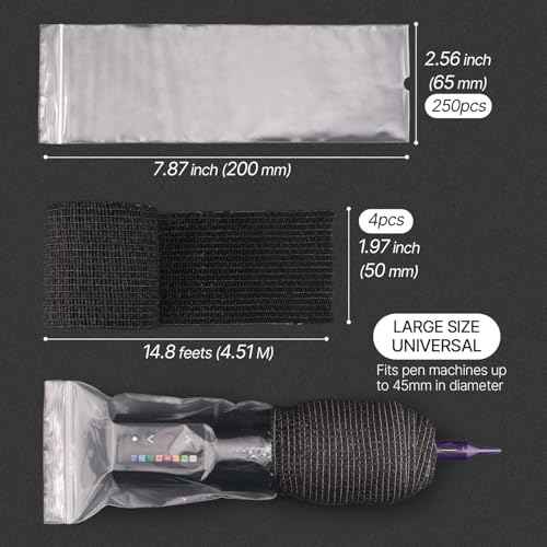 250pcs Sealable Large Tattoo Machine Covers with Grip Tape - 2.56 x 7.87" Tattoo Pen Covers & 4pcs Grip Wrap, Tattoo Setup Kit for Pen Machine - Pro Tattoo Supplies & Accessories (250pcs+4pcs Clear)
