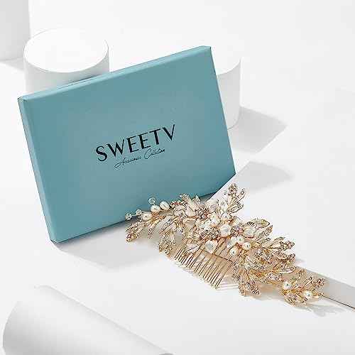 SWEETV Handmade Wedding Hair Comb Clip Rhinestone Bridal Hair Comb Piece, Gold Hair Accessories for Brides Wedding