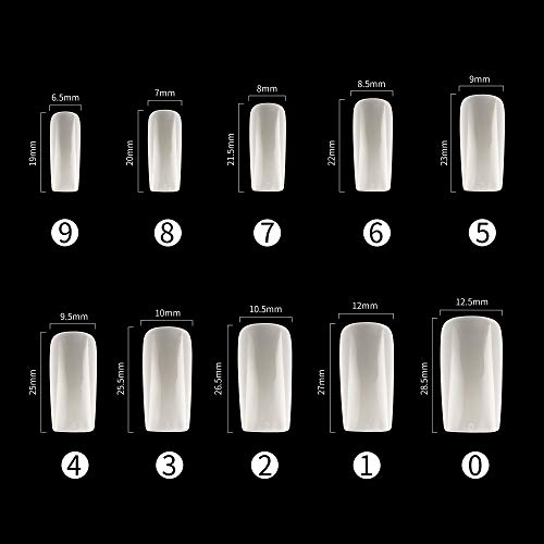 Full Cover Acrylic False Nail Tips, 1000PCS Fake Nail Shape Artificial False Nails Tips 10 Sizes with Case for Nail Art Salons (Clear+Natural)