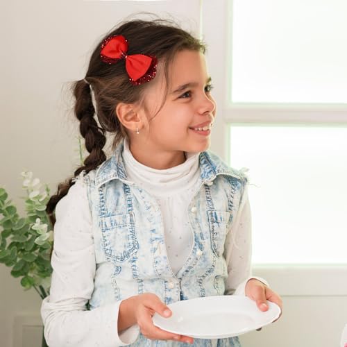 3.5" Glitter Red Ribbon Hair Bow Clips Sparkly Sequins Alligator Barrettes Hairpin Toddler Teen Girls Birthday Wedding Xmas july 4th Dress Outfit Decor Accessory Gift Set of 2