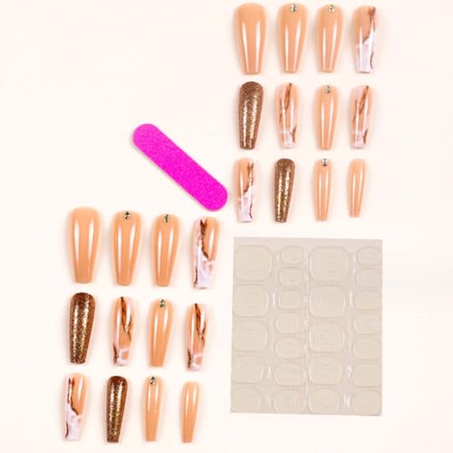 Long Press on Nails Marble False Nails Art Full Cover Acrylic Coffin Orange Fake Nails for Women and Girls 24PCS