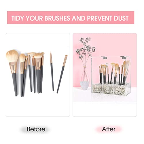 Acrylic Makeup Brush Holder, Clear Cosmetic Storage Box with 3 Brush Holders, Dust Cover, Large-Capacity Split Design for Organizing Vanity Desk