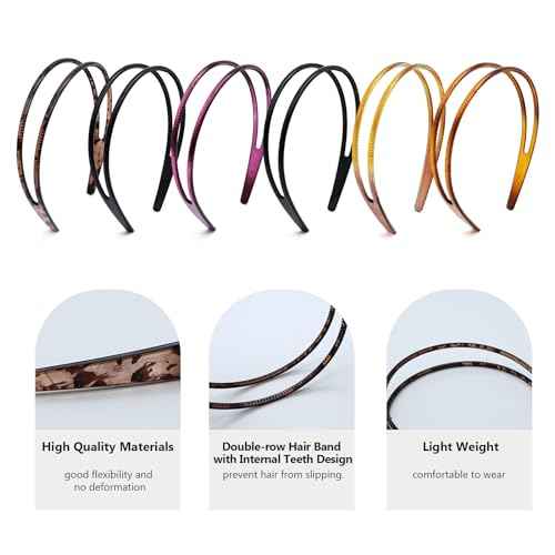 Plastic Headbands - 6 Pack Double Row Teeth Comb Headbands - Non-Slip Headband with Teeth Hair -Accessories for Women Girls - 5 Colors