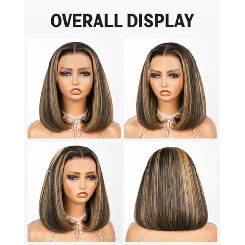 Highlight Ombre 13x4 HD Lace Frontal Wig Human Hair Pre Plucked Pre Cut Lace 210% Density Balayage Straight Short Bob Wigs for Women 12 Inch
