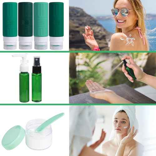GLAMFIELDS Travel Bottles for Toiletries,TSA Approved 3.3oz Size LeakProof Silicone Toiletry Containers for Shampoo, Conditioner,Easy to Squeeze£¬Portable Travel Essentials for Lotion(18 Pack) Green