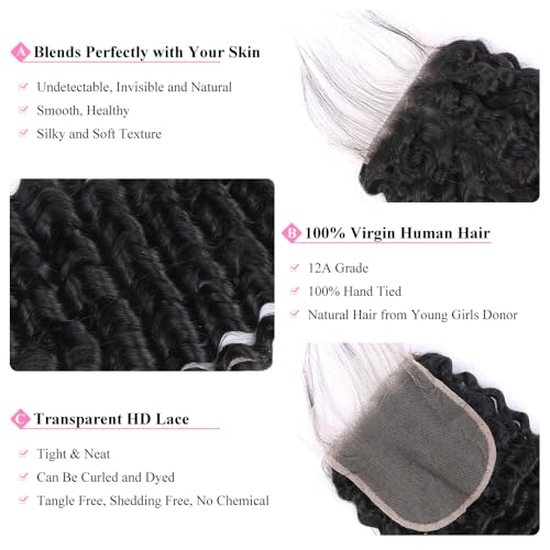 5x5 HD Lace Closure Deep Wave Ultra-thin Transparent HD Lace Closure 12A Brazilian Virgin Human Hair Closure Free Part Pre Plucked with Baby Hair Natural Black 22 Inch