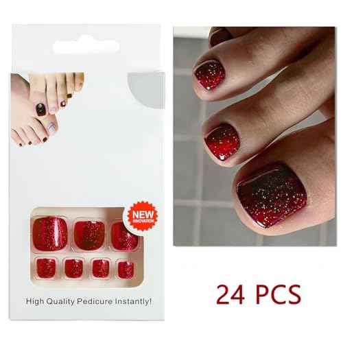 Red Sparkly Press on Toenails Short Square Fake Toe Nails Glossy Red Solid Color Glitter Full Cover Artificial Stick on Toenails for Women Girls Winter Christmas Manicure 24Pcs