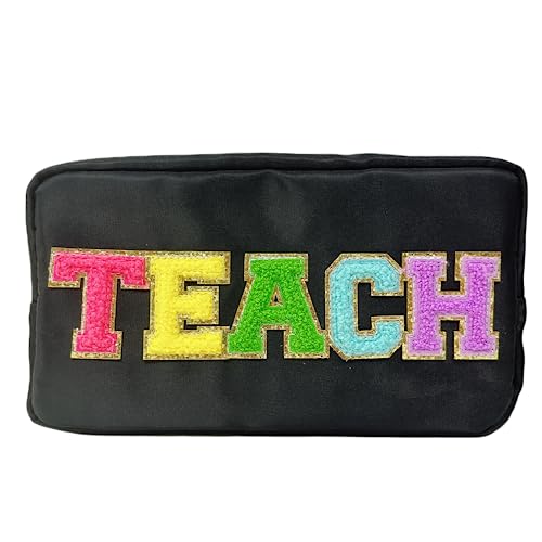 Teacher Appreciation Gifts Letter Patch Nylon Makeup Bag Pencil Bag Chenille Varsity Letter Patches Makeup Zipper Pouch Retirement Birthday Teacher Gifts for Women(Teach-black)