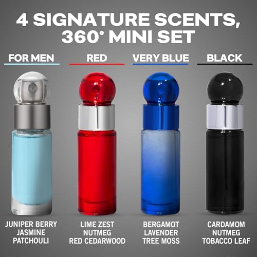 Perry Ellis 360¡Æ 4-Piece Mini Cologne Set for Men - Cologne Gift Sampler Set, Travel Size - 360¡Æ Men, Red, Very Blue, & Black - 0.25 fl oz (Pack of 4)
