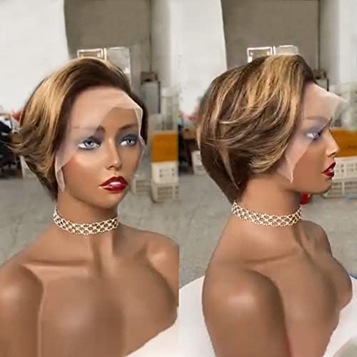 13x4 Pixie Cut Short Bob Wig Highlight Honey Blonde Brown Color Straight Short Bob Transparent Lace Front Human Hair Wigs For Women Brazilian Virgin Hair 150 Density Pre Plucked