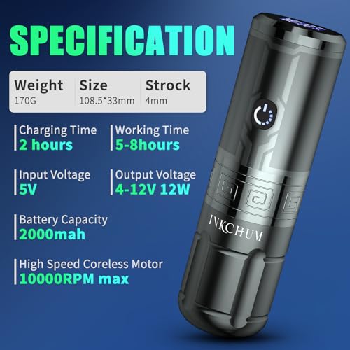 Wireless Tattoo Machine Kit, Rechargeable Rotary Tattoo Pen Kit with OLED Display 2000mah Batteries for Long-Time Tattoo Work, 12W Coreless Motor for Professional and Beginners