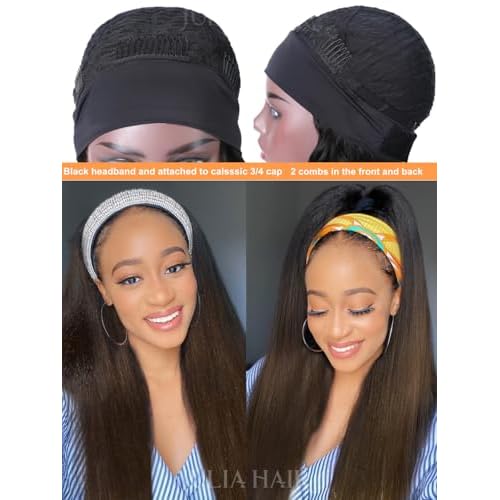 Julia Hair 12A Headband Wig Human Hair Yaki Straight Glueless None Lace Half Wig With Pre-attached Scarf Ombre Chestnut Brown Highlight With Dark Roots for Black Women Put on and Go 18 Inch