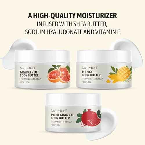 NATURE WELL Shea Body Butter Variety Pack, Includes Grapefruit, Mango, & Pomegranate, Provides Ultimate Nourishment & Hydration, 3 Pack (8 Oz Ea)