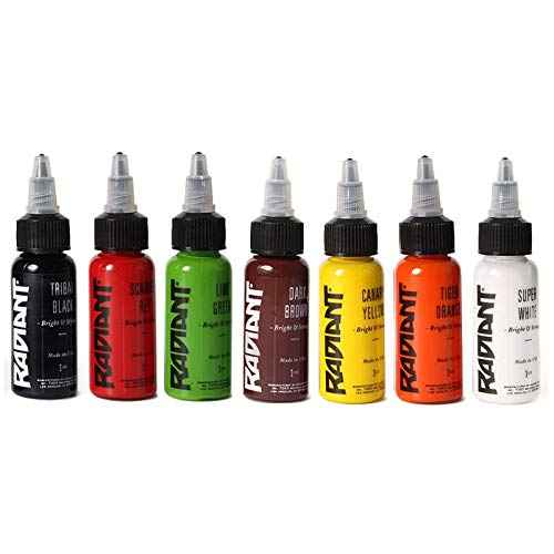 Tattoo Ink Set - Radiant Colors 8 Primary 1oz / Tribal Black/Super White/Blue/Canary Yellow/Dark Brown/Scarlet Red/Tiger Orange/Medium Green